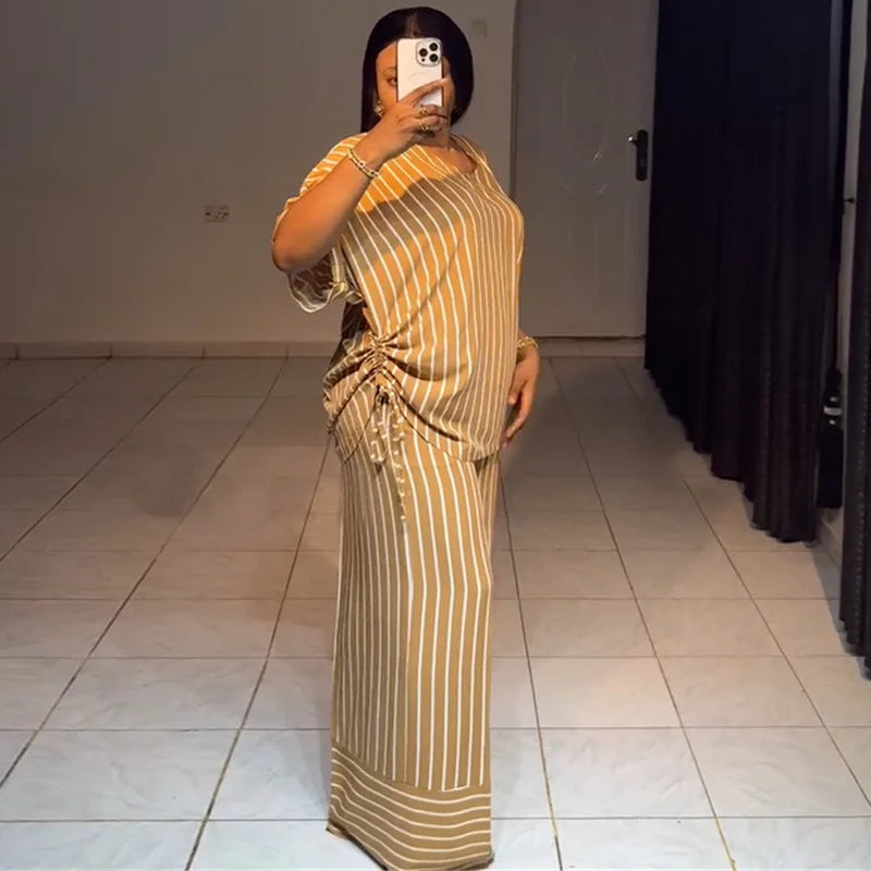 Pant Set Women Two Piece Sets V Neck Short Sleeve Drawstring Shirt Striped Wide Leg Long Pants Elastic Waist Y2k Streetwear 2026