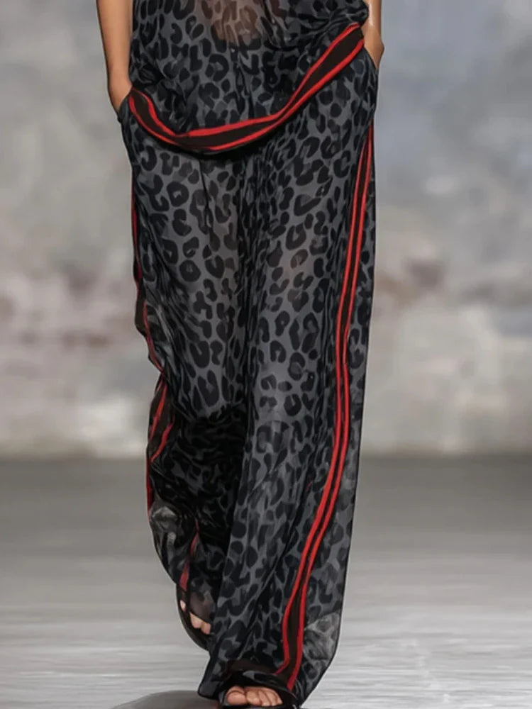 Summer Women's Casual Trousers Set Leopard Print Stripe Contrast Color V-Neck Short-sleeved Top Wide-leg Pants Two-piece Sets