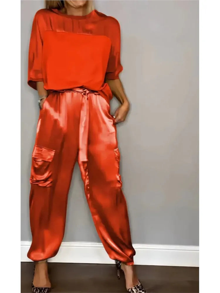 Women's Summer Fashion Solid Satin Two Piece Set Women O Neck Long Sleeved Top Long Pants Casual Loose 2 Piece Set Women Clothes