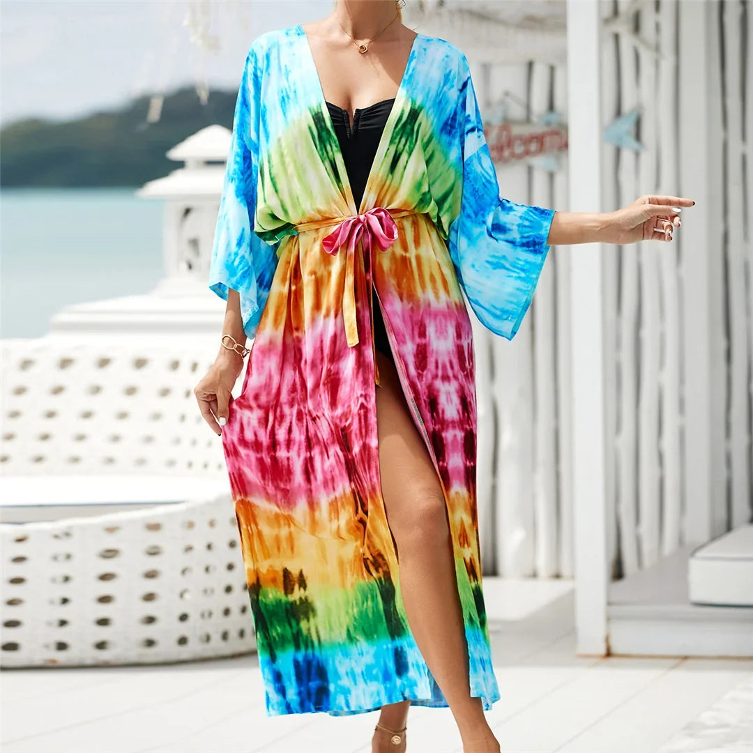 13 Colors Printed With Belt Crochet Knitted Tunic Beach Cover Up Cover-ups Beach Dress Beach Wear Beachwear Female Women K7201
