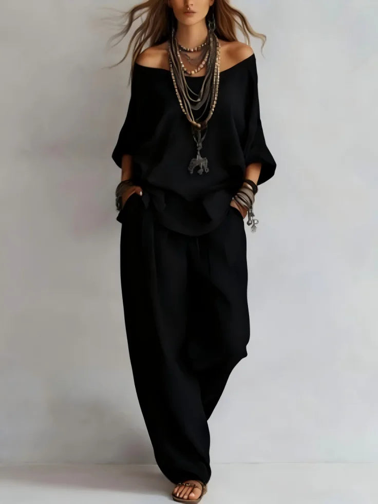 Summer New Casual Loose Linen Women's Two Piece Set Three-quarter Sleeve Off Shoulder Top Wide Leg Pants Suit Women Clothing