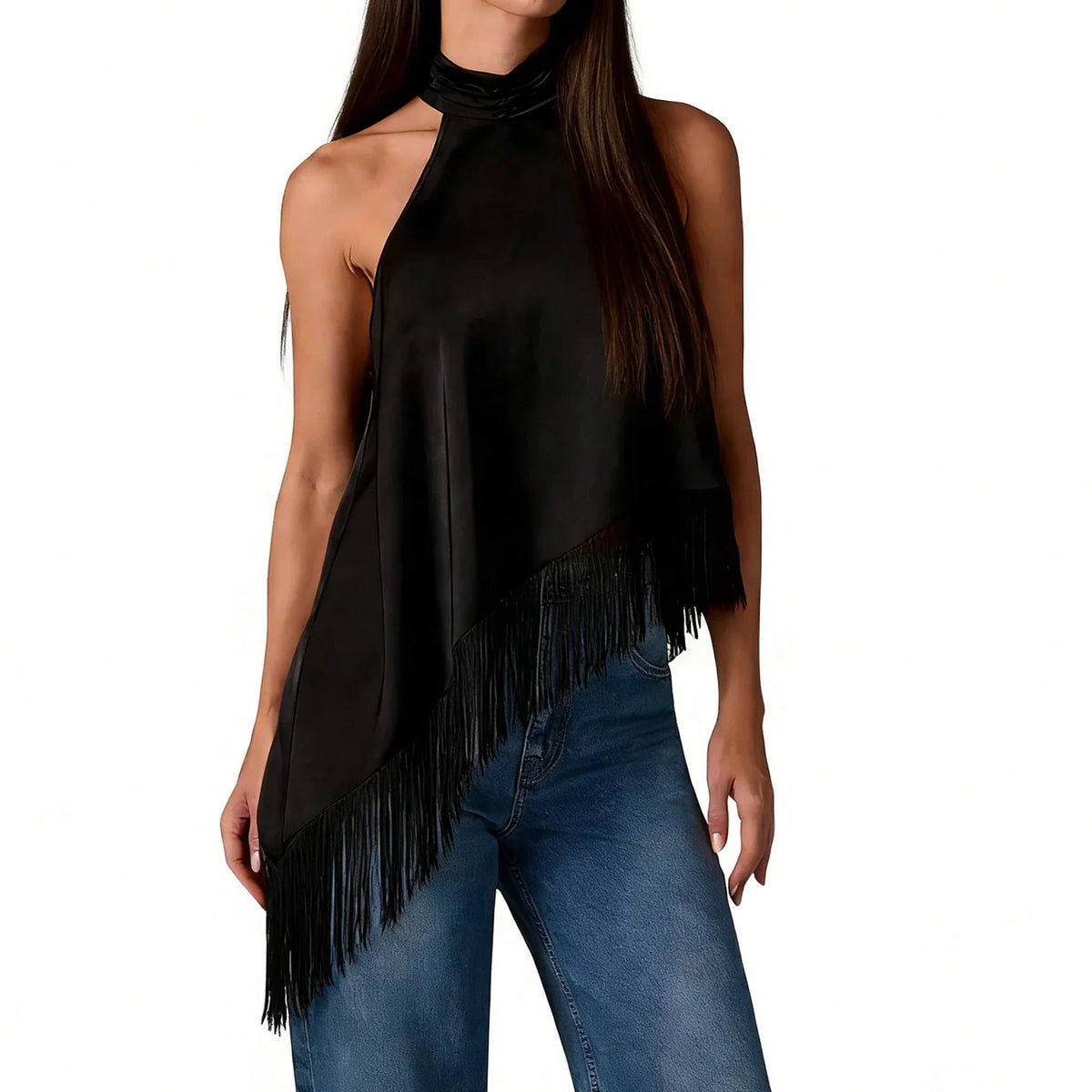 Women's Summer Solid Color Satin Halter Mock Neck Tops Sleeveless Tassel Hem Loose Fit Tank Tops