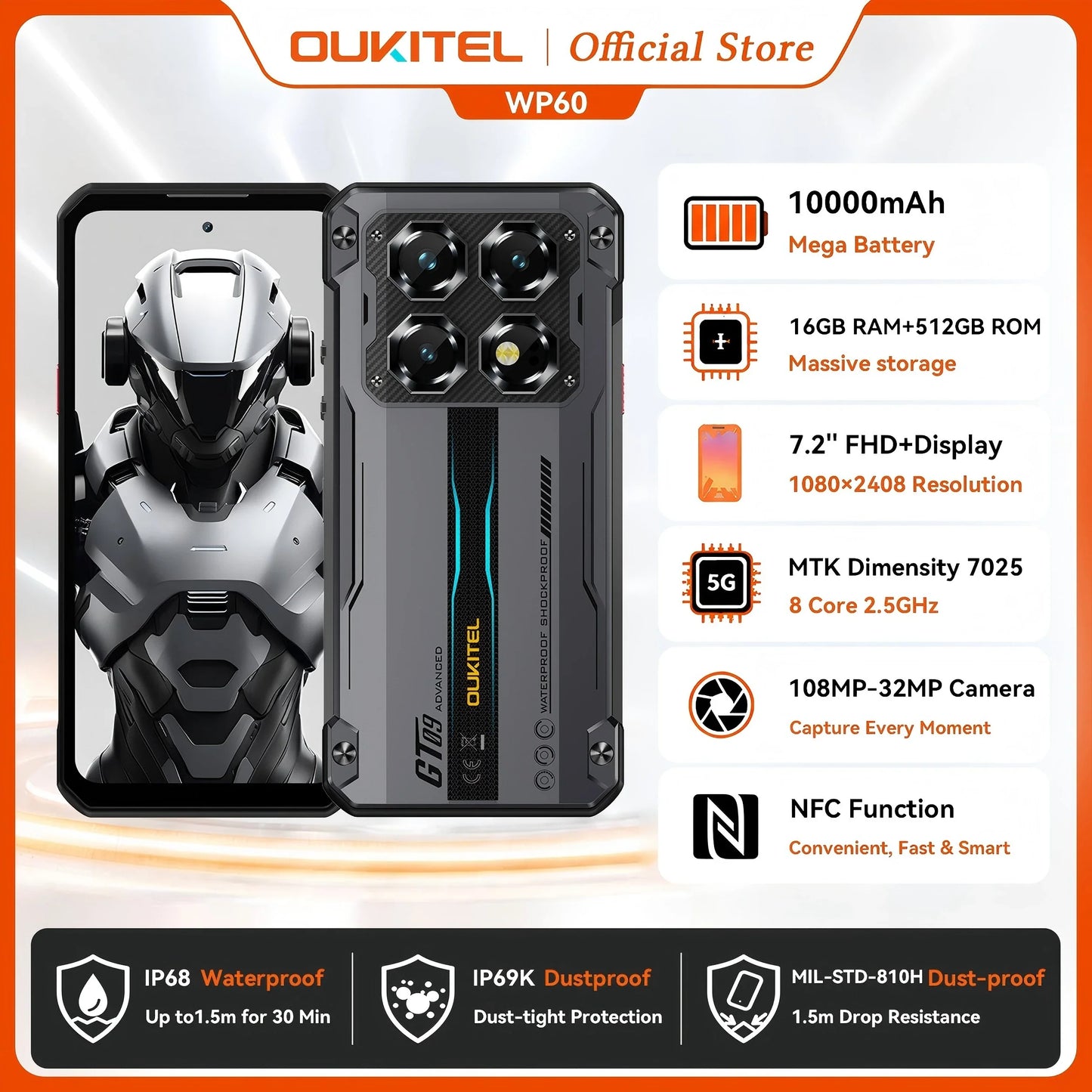 OUKITEL WP60 5G NFC Smartphone 10000mAh 48GB(16+32) +512GB, MTK 7025 Android 15 Rugged Phone, 108MP Camera, 120Hz