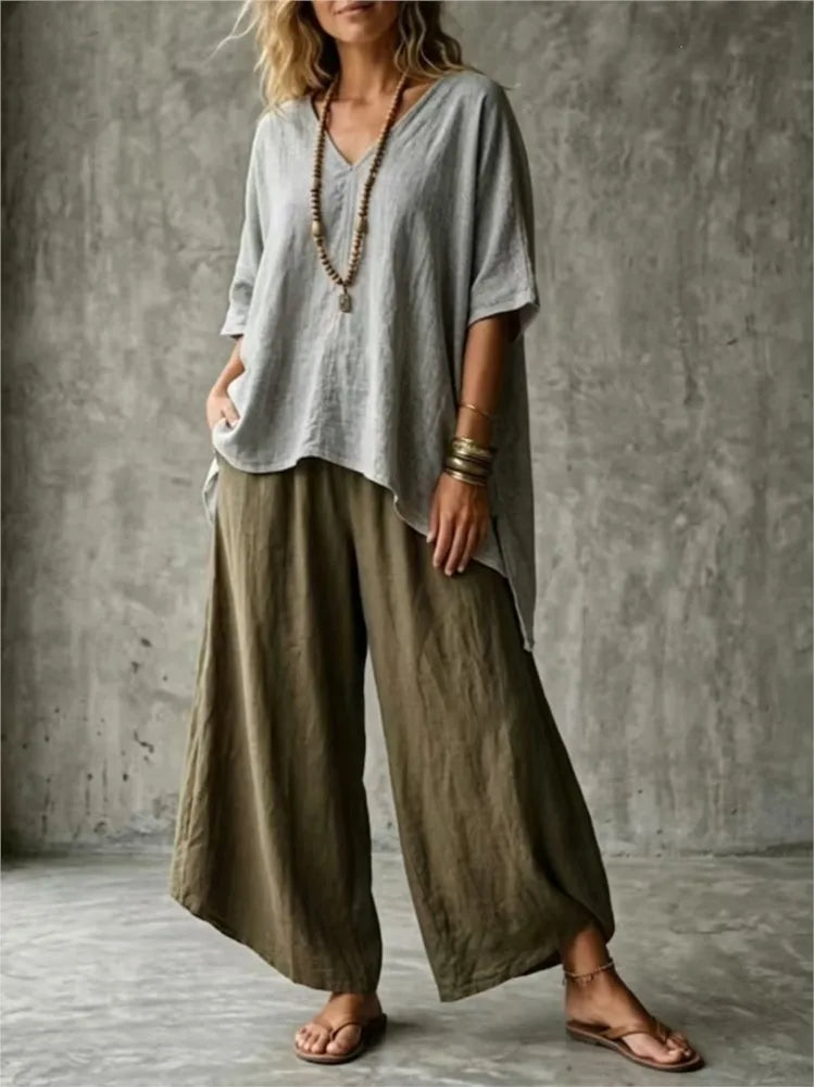 Summer New Loose Retro Short-sleeved T-shirt Trousers 2-piece Set Women's Fashion Irregular Top + Wide-leg Trousers Set Female