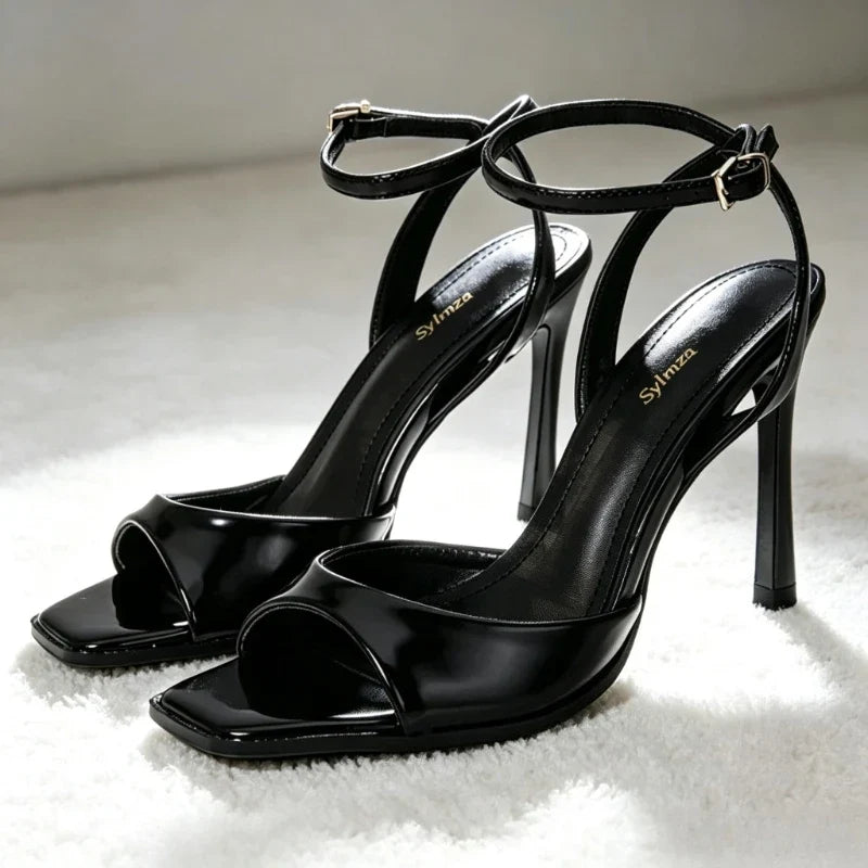 Black Sexy Heels Women Summer Elegant Party Dress Sandals Fashion Square Toe Naked Strap Designer Thin Heels Pumps Zapatos Mujer