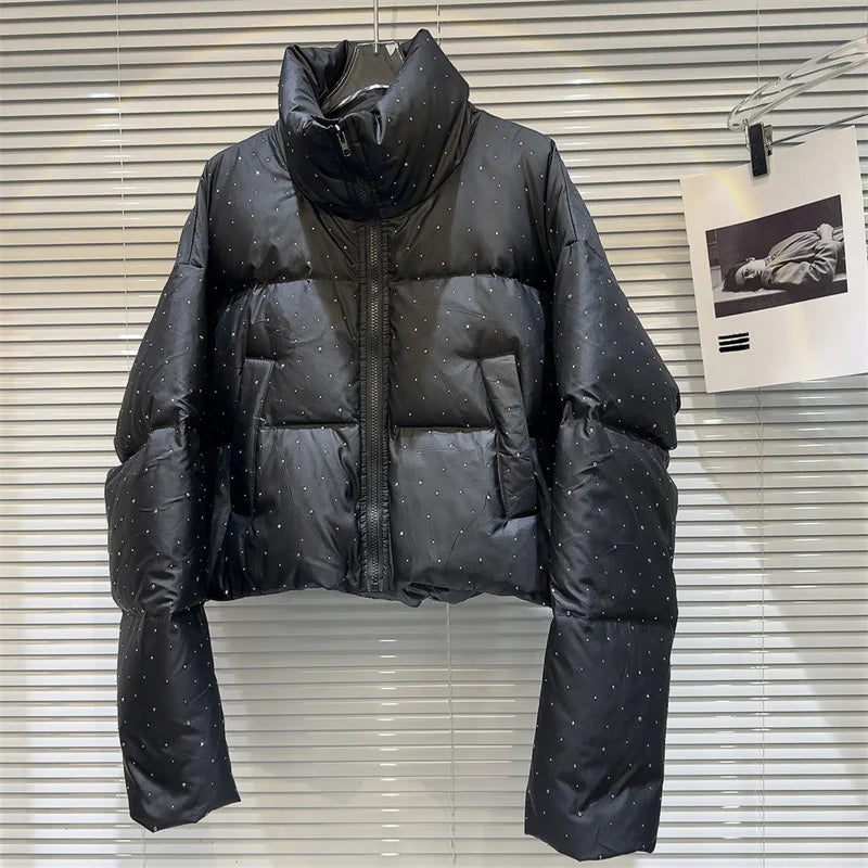 2026 New Winter Clothing Parkas Women's Outwear Short Coats Korean Rhinestone Coat Ladies Thickened Warm Cotton Puffer Jackets