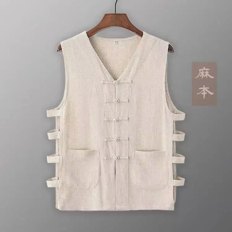 Chaleco Vintage para Hombre, Camisa de Algodón Lino, Chaleco de Kung Fu, Camiseta sin Mangas de Verano, Traje Tang, Ropa Tradicional China, Cárdigan Abierto sin Mangas