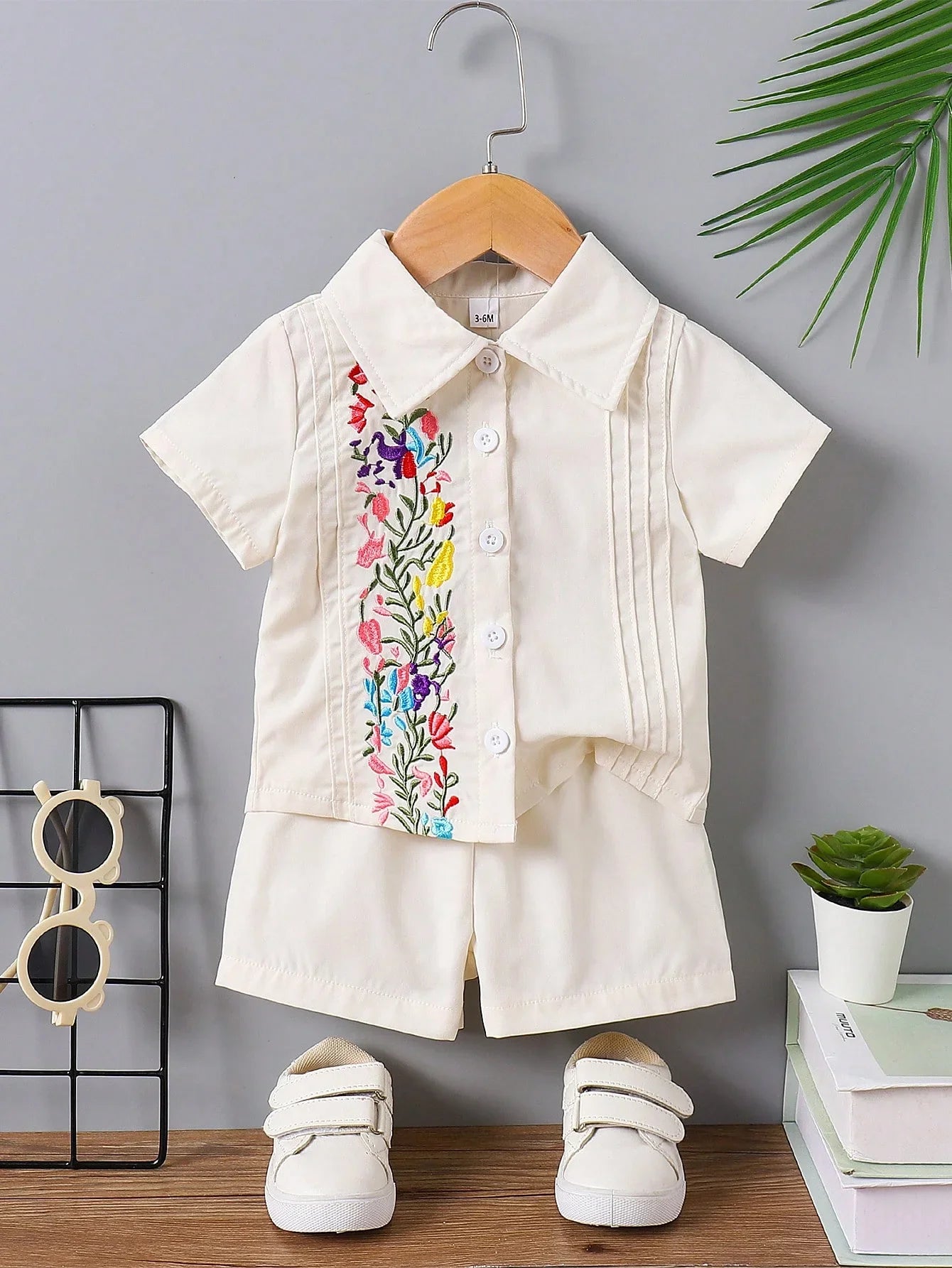 Baby Boy Beige Outfit, Floral Embroidery Collared Shirt & Shorts, Summer Casual Set