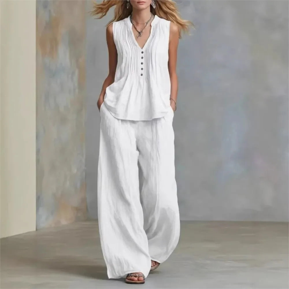 Fashion Pleated V-neck Sleeveless Women's Tops 2-piece Summer Casual Loose Wide-leg Trousers Female Elegant Office Trousers Set