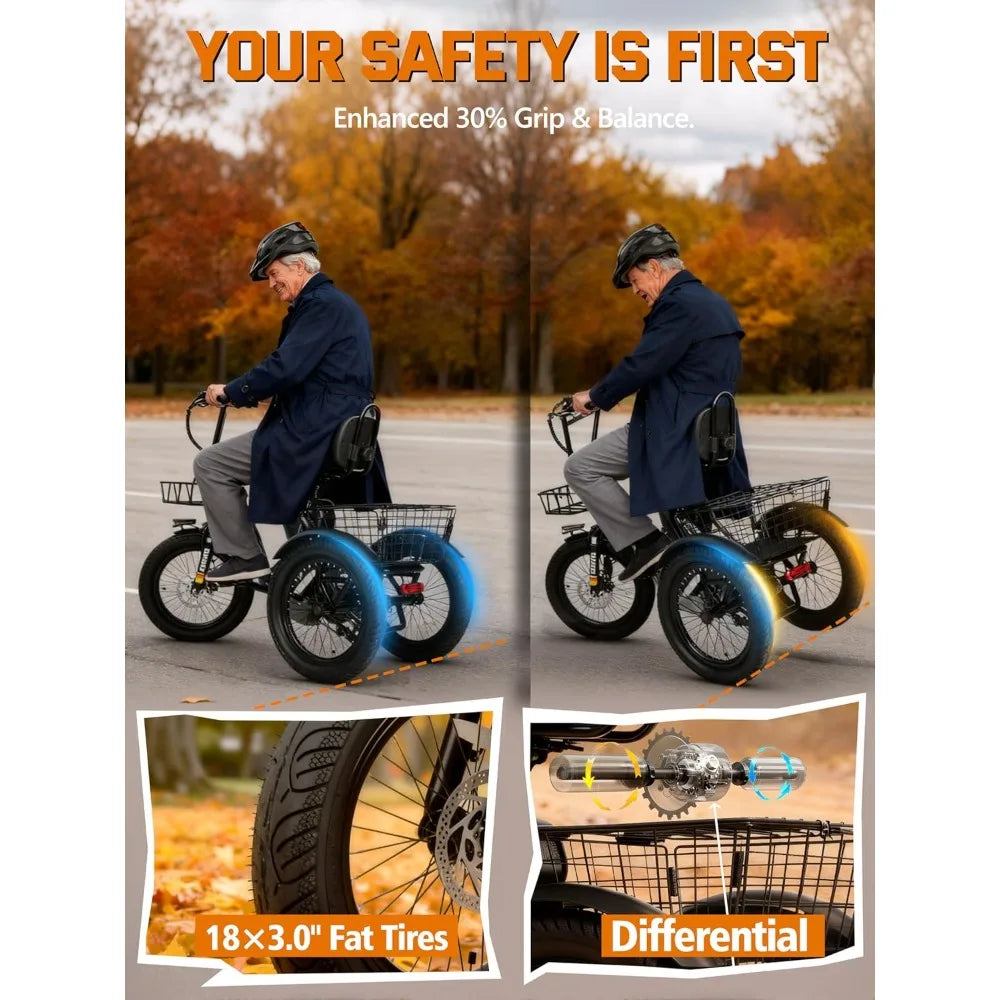 Folding 3 Wheel Electric Bike 1200W Motor 624Wh Battery 18MPH Adult Fat Tire Tricycle
