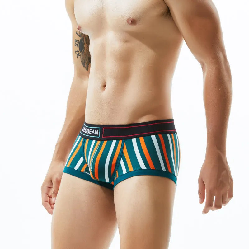 Men's underwear with low waist, slim fit, striped, sexy, fashionable, high elasticity, breathable four corner flat bottom pants