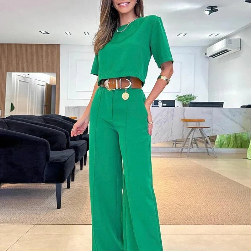 Fashion Office Lady Two Piece Sets O Neck Short Sleeve Short Shirt High Waist Straight Pants Suit Female Summer Outfits