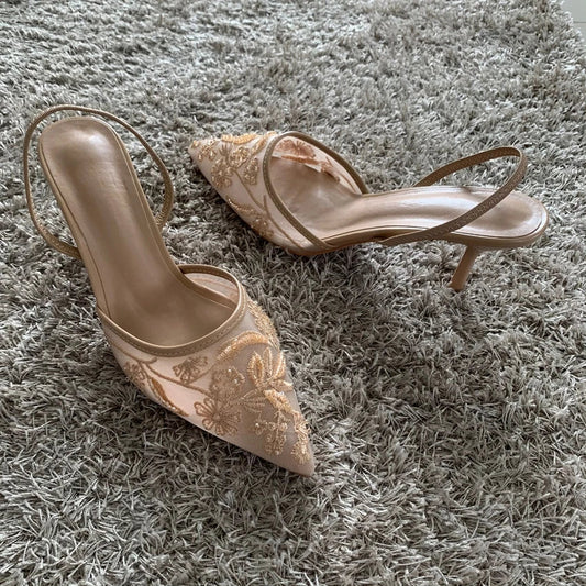 Mesh Embroidered Fashion Sandals Women String Bead High Heels Mules Shoes Pointed Toe Slingback Slippers Women Zapatos De Mujer