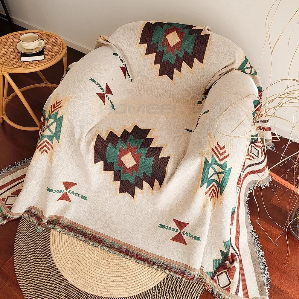 Aztec Blanket Oversized Boho Throw Blanket with Fringe Southwestern Geometric Tapestry Vintage Woven Throw Blankets Double-S