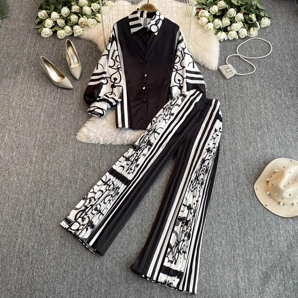 Elegant For Women's Fashion Sets Casual Long Sleeve Shirt Straight Pants Suit Female 2024 Loose Print Tops Two Pieces Outfits