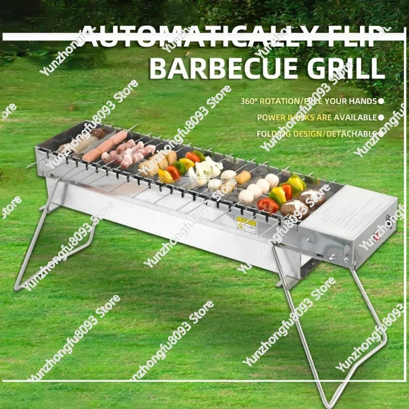 Camping Grill Rack Automatic Flipping Barbecue Machine, Folding Charcoal BBQ Machine Outdoor Camping Tool