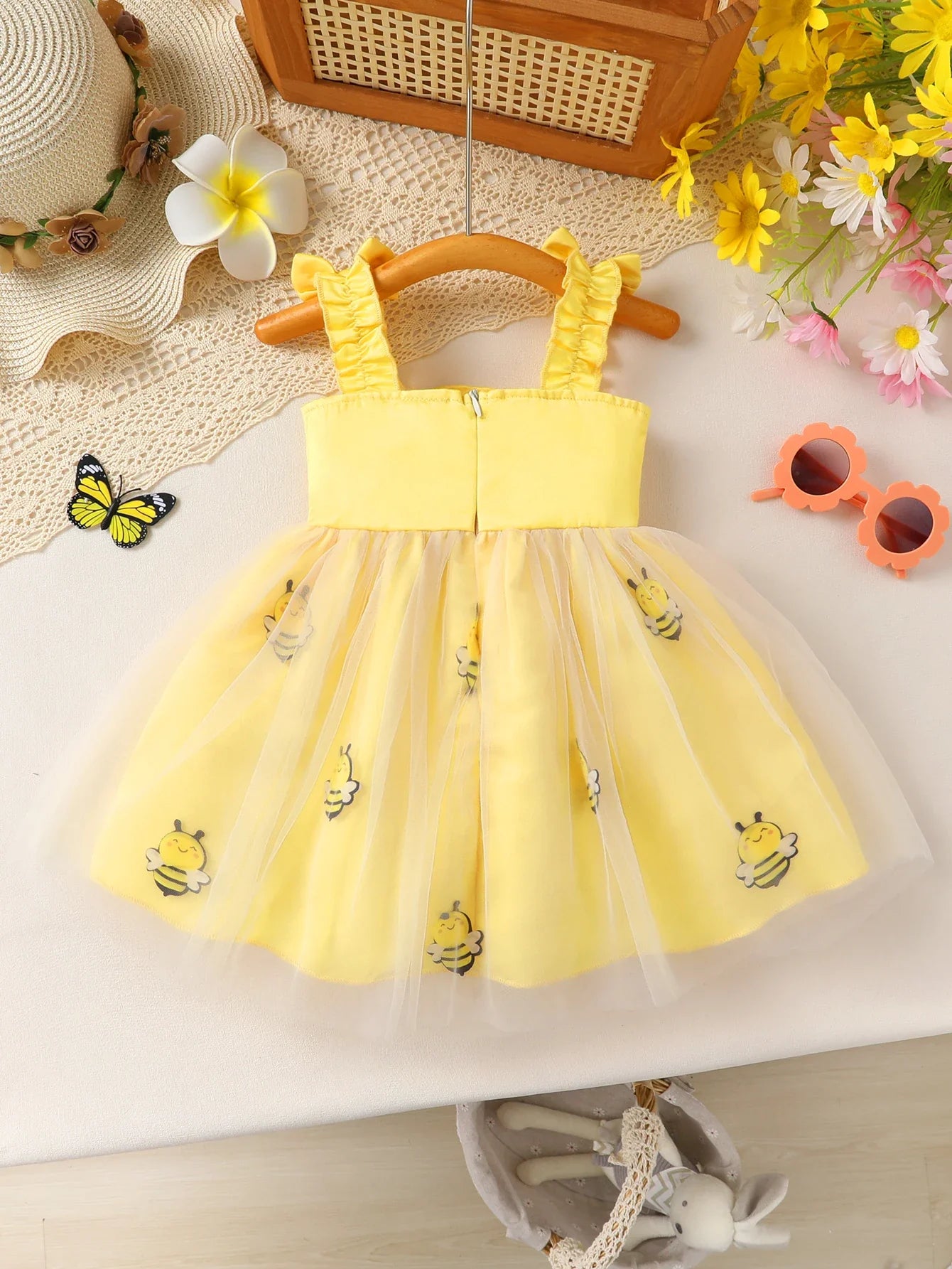 Sweet Baby Girls Summer Yellow Bee Print Mesh Tutu Dress with Bow Accents