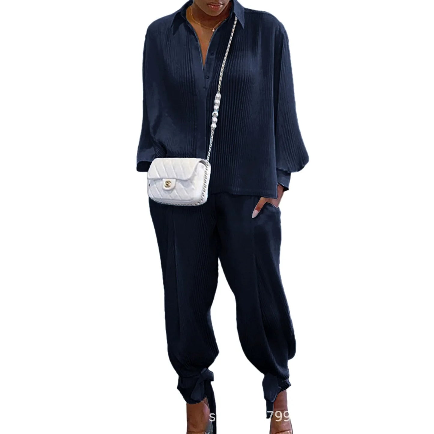 Classic Solid Shirt Pants Set Women Casual Loose Long Sleeved Lapel Elastic Waist Two Piece Suit 2025 New Summer Street Outfit
