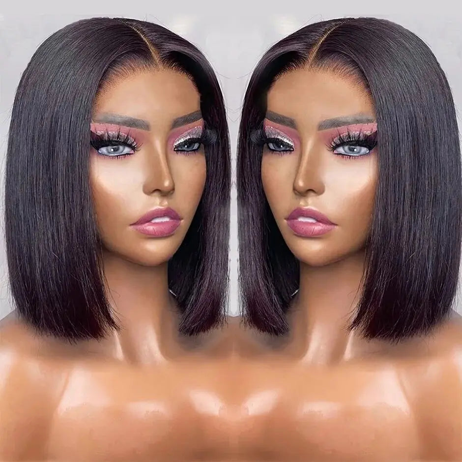 Pelucas sin pegamento de cabello humano listas para usar, pelucas lisas de corte bob corto para mujer, peluca frontal de encaje 100% de cabello humano, pelucas con encaje precortado.