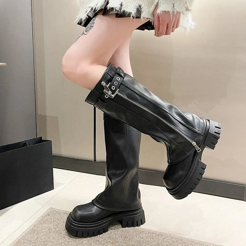 2025 Winter Women Biker Boots Fashion Belt Buckle Ladies Elegant Platform Long Pipe Booties Casual Women's Knee High Booties