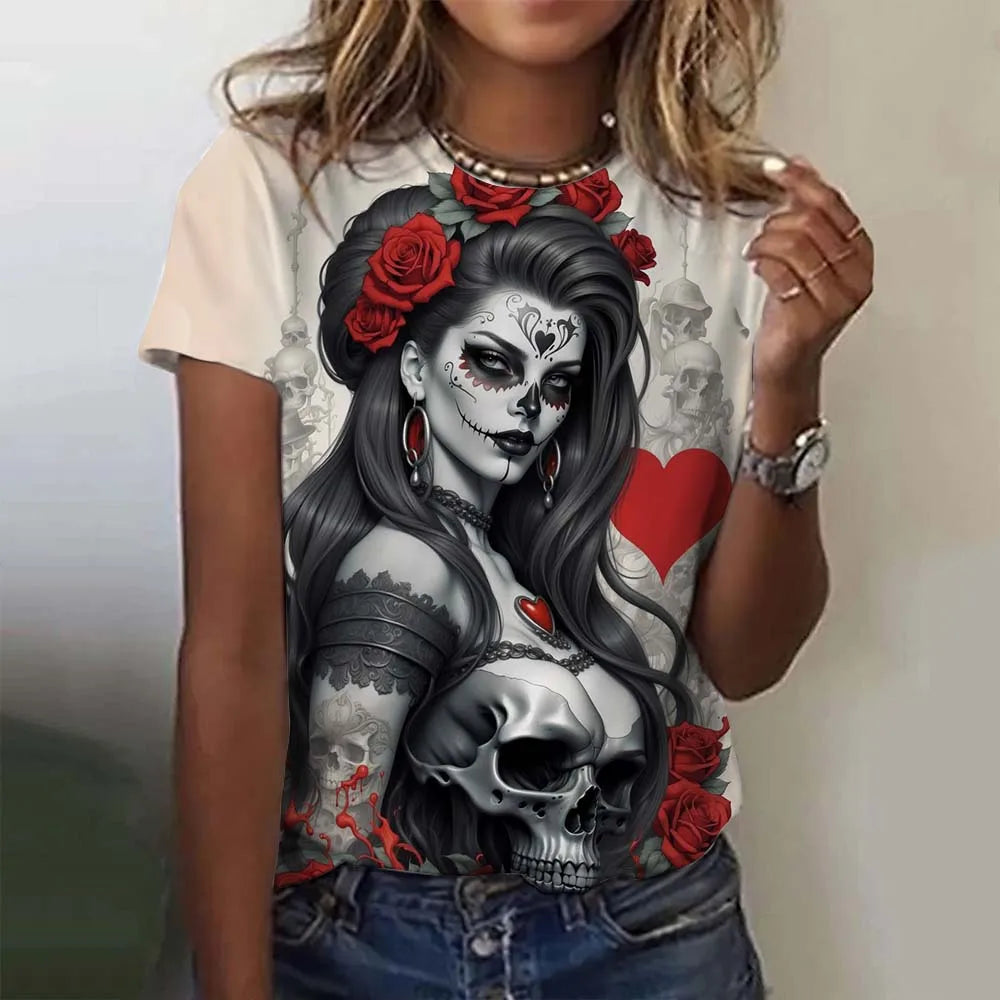 Fashion Women's T-shirt for Girls Summer Short Sleeve Sexy Girls Clothes Day of the Dead Undead Skull Pattern oversized T-shirts