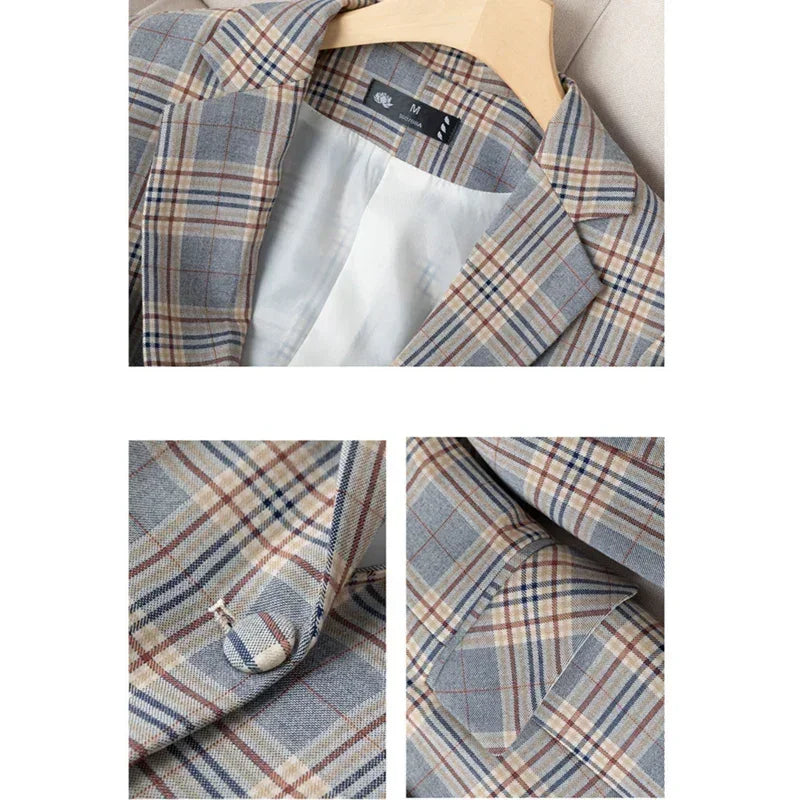Blazer a cuadros a rayas grises, chaqueta, abrigos delgados de moda para mujer, blazers de mujer con cuello en V de un solo botón S-XXXXXL
