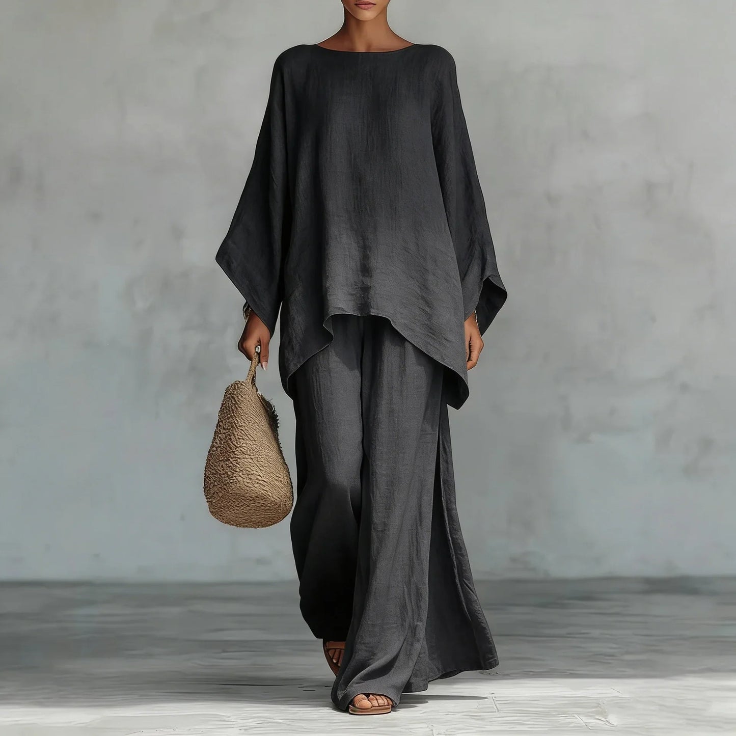 Women's Elegant Loose Round Neck Top Wide Leg Pants Set Casual Simple Long Sleeve Solid Color Two-Piece Set