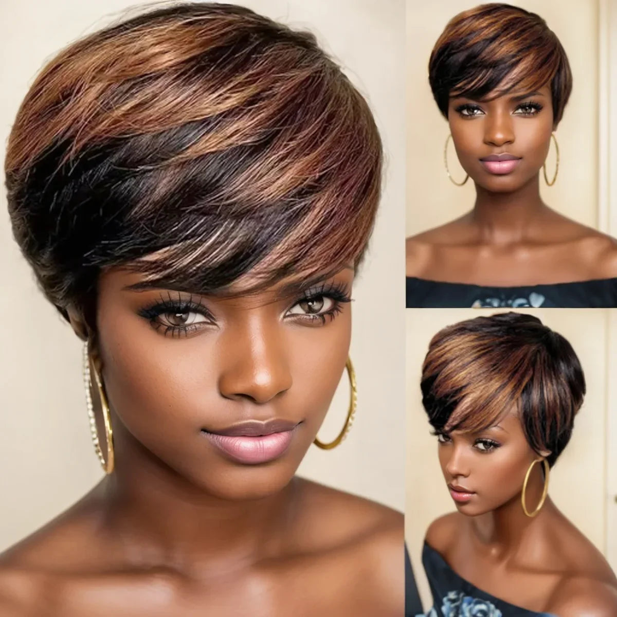 WIGERA Pelucas sintéticas destacadas Corto Liso Pixie Cut Peluca Bob Pelo Dorado Miel Mezcla Negro Cabello para Mujer