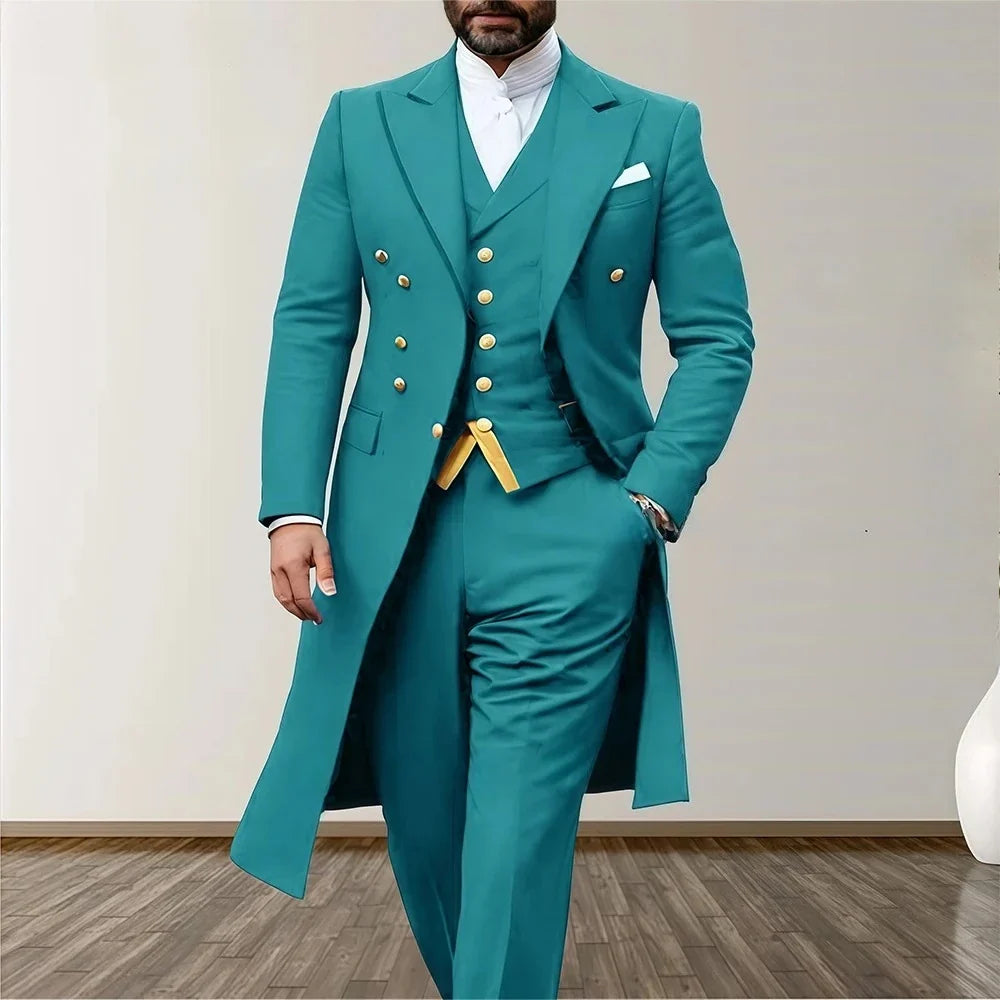 Blue Men Wedding Suits 3 Piece Long Blazer Vest Pants Satin One Button