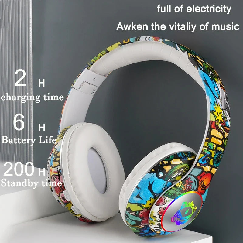 Graffiti Bluetooth Headphones LED Light Game Doodle Wireless Headsets Earphones With Mic For Kids Boy Girl Gift Support TF Card