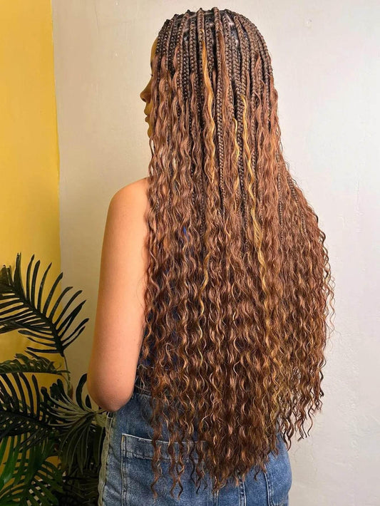 Pelucas de Trenzas Sueltas Bohemias Sin Nudos Pelo Sintético Con Encaje Completo Trenzas Con Puntas Rizadas Pelucas de Trenzas de Caja Ombré Rubias Con Pelo de Bebé
