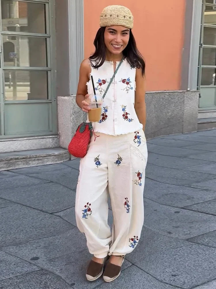 Casual Print Top Pants Women Set Elegant O-neck Sleeveless Button Vest Wide Leg Trousers 2026 Summer Beach Lady Outfit Suit