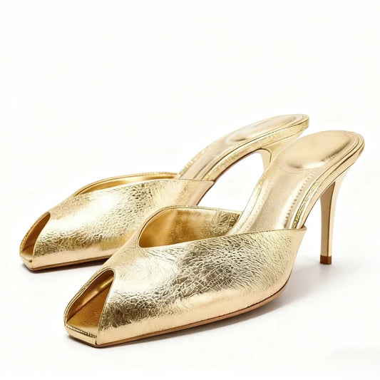 Luxury Designer Gold Heeled Slippers Women Sexy Open Toe Elegant Slide Sandals for Ladies Wedding Bridal Pumps Zapatos De Mujer