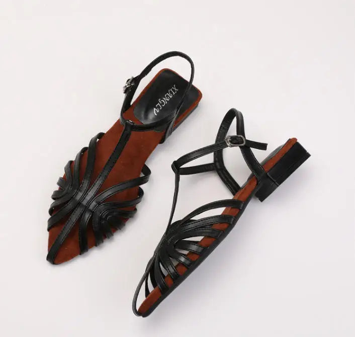 ZAROY Women Roman Sandals Summer Low Heel Ankle Strap Buckle Sandals Pointed Toe Hollowed Out T-strap Sandalias сандали