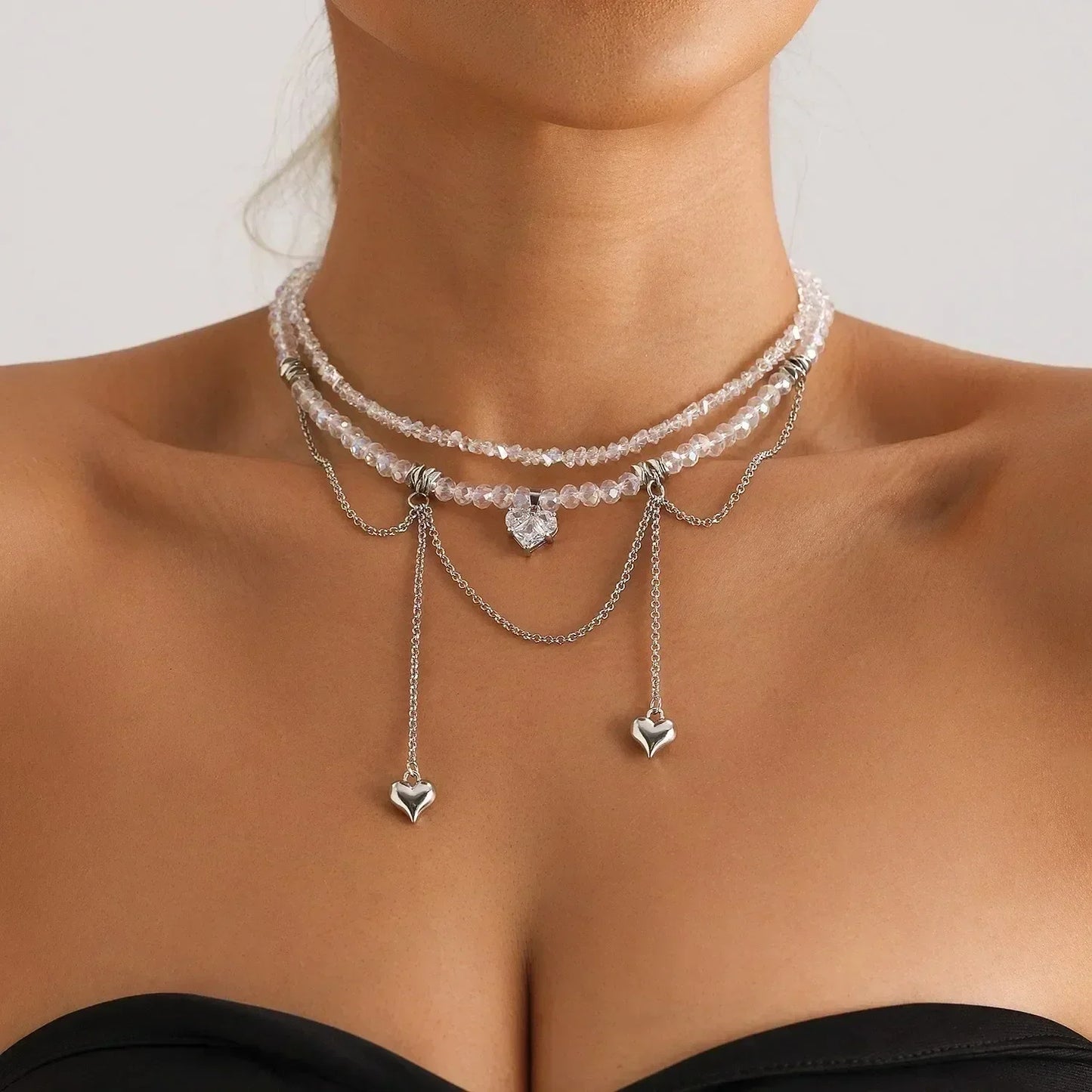 Fashion Heart Beaded Necklace for Women Boho Elegant Irregular Crystal Chain Y2K Choker Exquisite Party Gift Jewelry Accessories