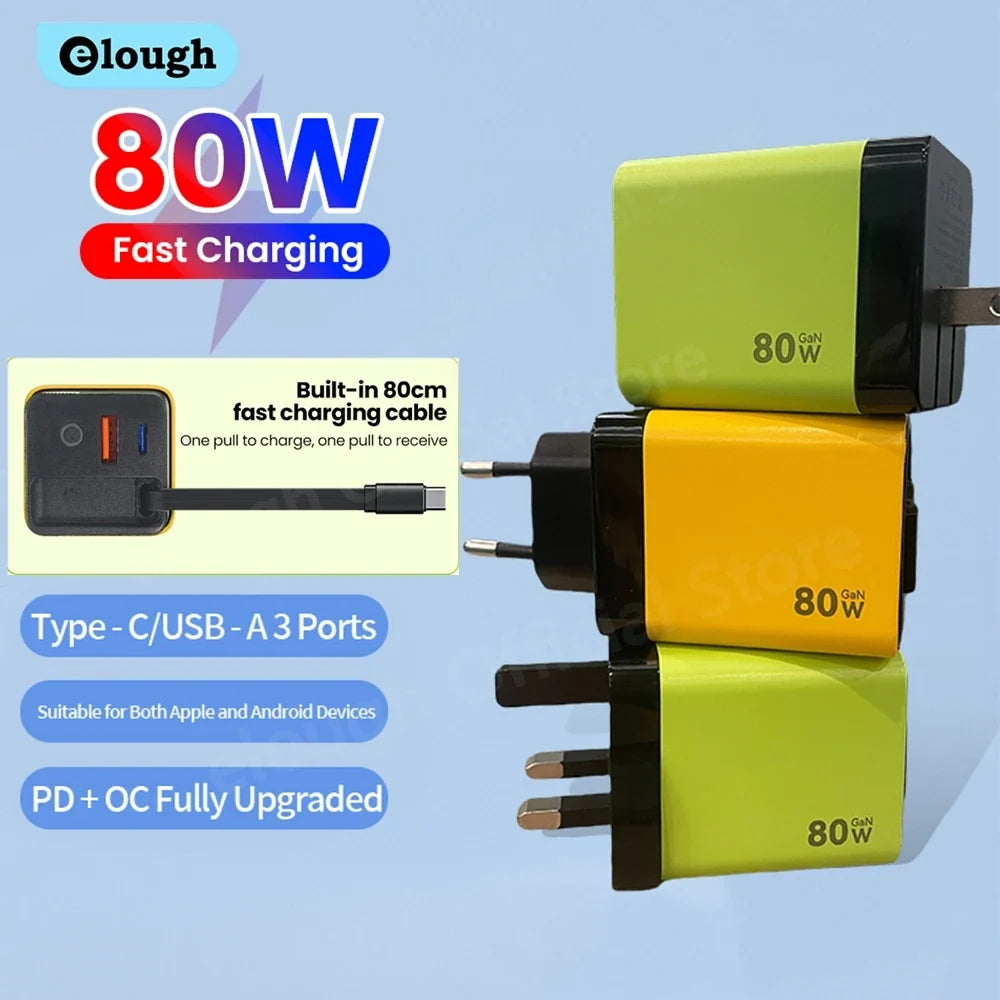 Elough 80W USB Type C Charger with Retractable Cable PD Fast Charging For iPhone 16 Laptop Macbook Phone cargador carga rápida