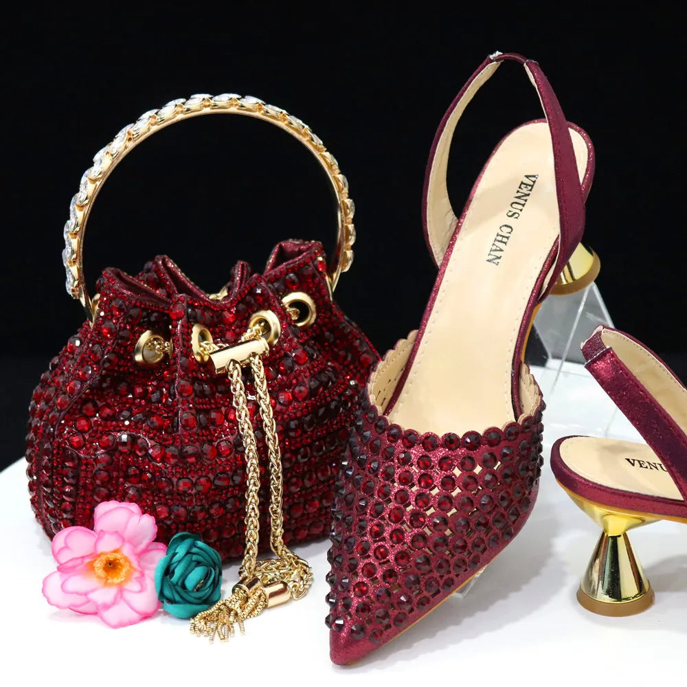 Nuevo conjunto de zapatos y bolso de diseño de diamantes