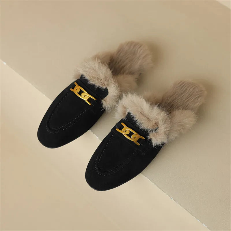 2023 Winter Sheep Suede Women Shoes Rabbit Hair Mules Shoes for Women Round Toe Low Heel Slippers Chunky Heel Cover Toe Slippers