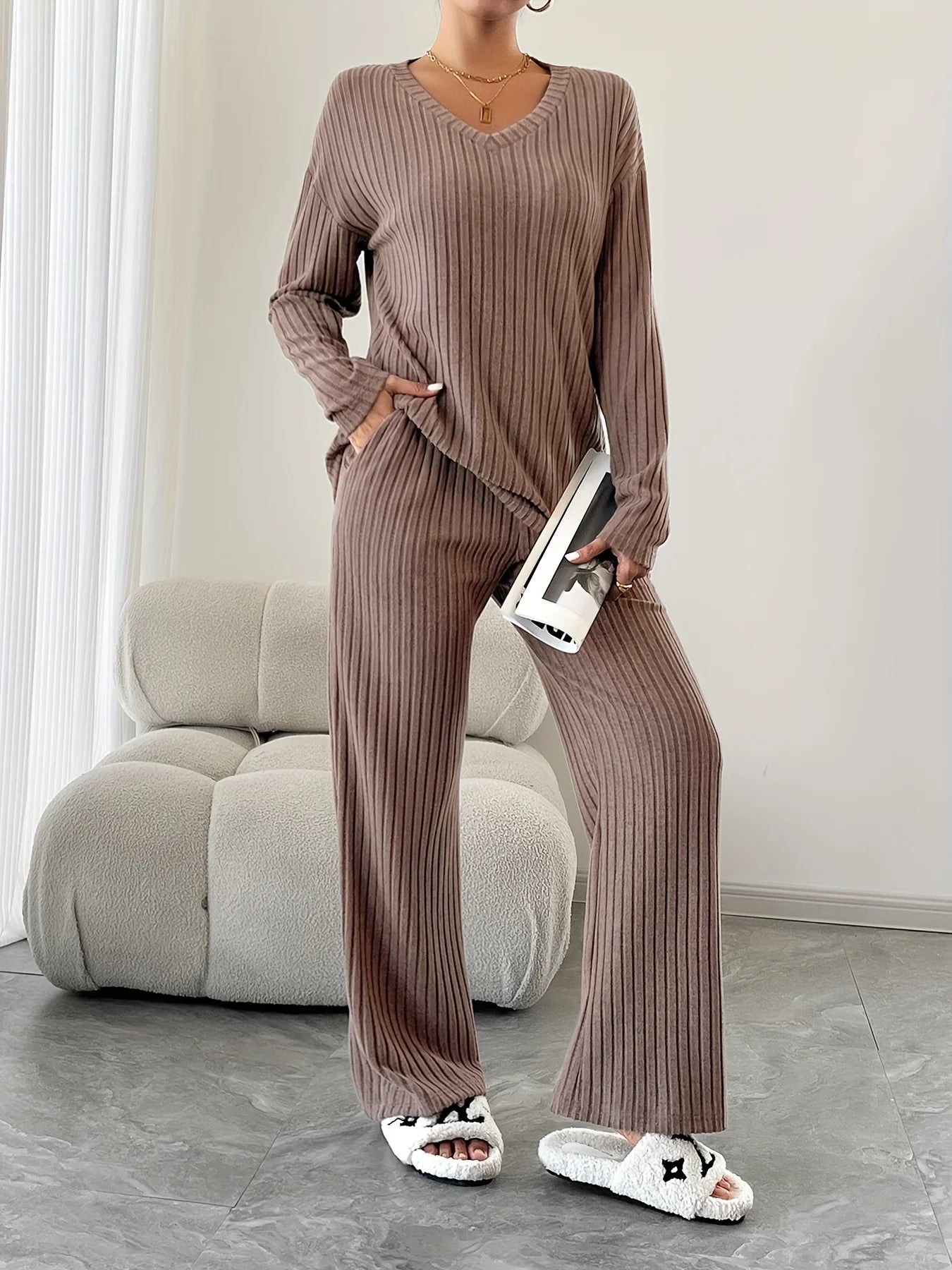 Autumn and Winter Casual V-neck Pocket Striped Knited Tops and Long Trousers Two-piece Sets, Women's Pajamas Set Sleepwear
