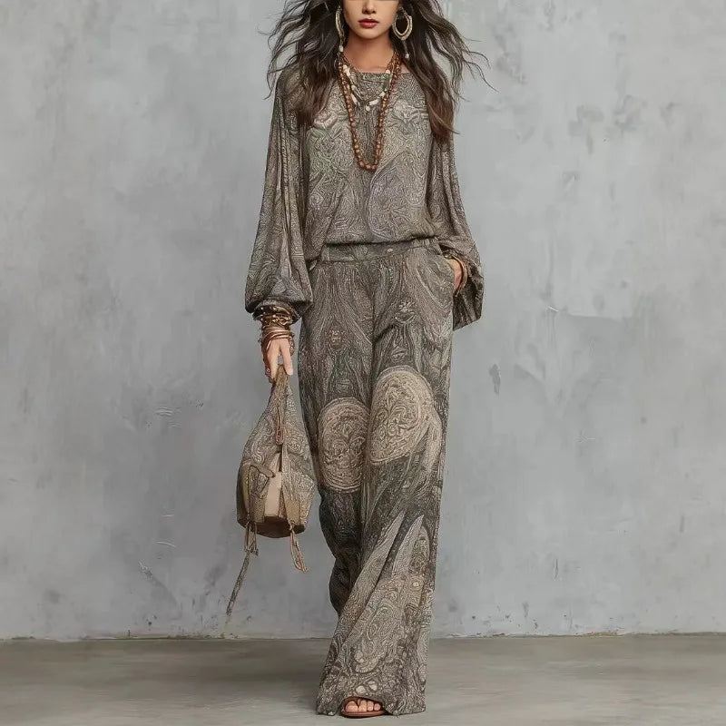 Boho Women 2‑Piece Outfit Vintage Paisley Print Long‑Sleeve Blouse High Waist Wide‑Leg Pants Casual Vacation Matching Set