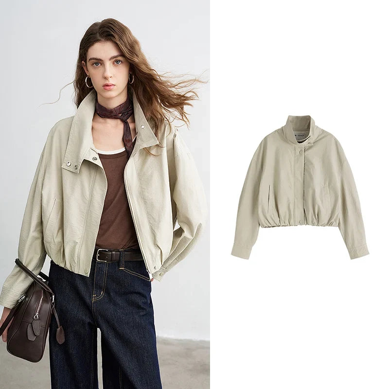 TOYOUTH Women Slub Cotton Jackets 2026 Spring New Cropped Tulip Silhouette Striped Cuff - Turn Up Stand Collar Tops