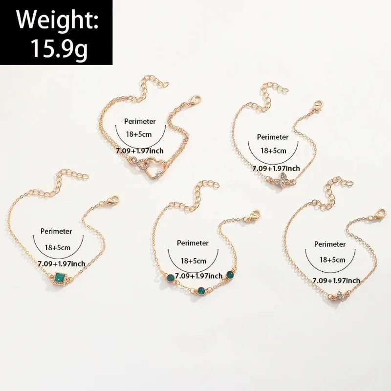5pcs/set Rhinestone Butterfly Bracelet Set for Women Korean Fashion