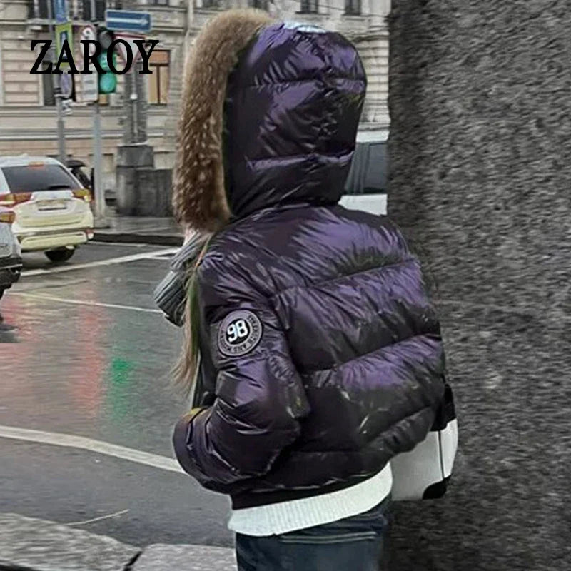 ZAROY Faux Fur Hooded Cotton Puffer Jacket Women Winter Quilted Zipper Pocket Coat Y2K Retro Padded Parkas High Street Outerwear
