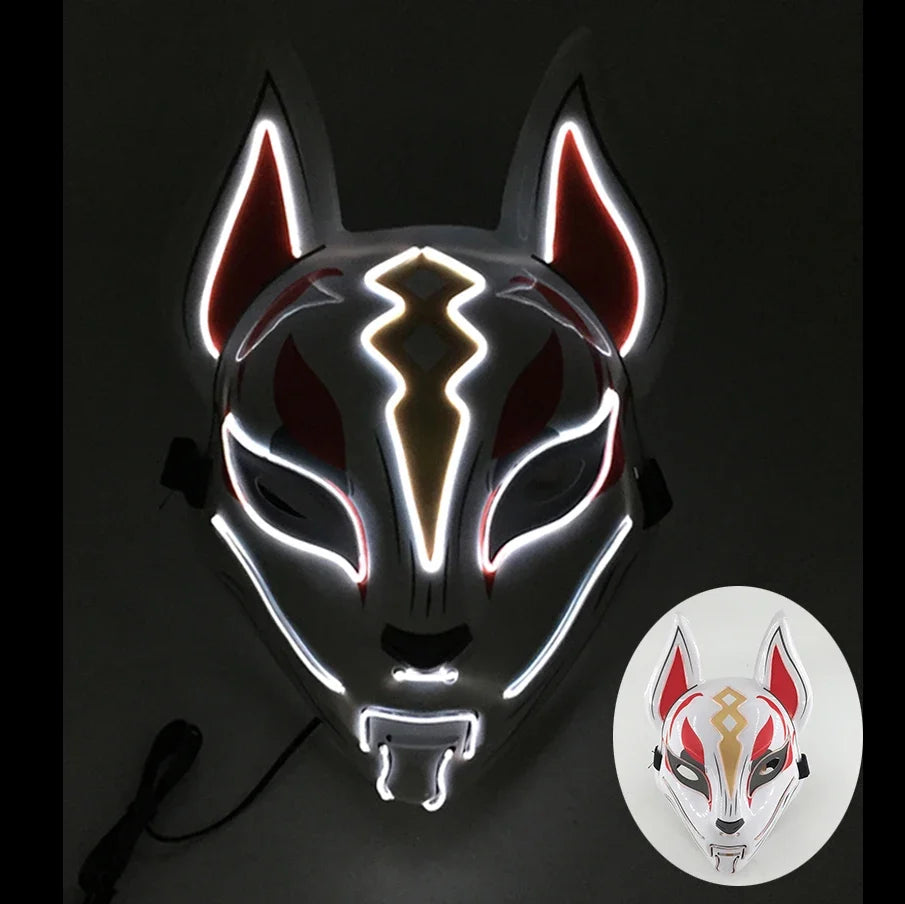 LED Fox Mask Neon Light Up Japanese Kitsune Mask for Halloween Cosplay Party Rave Festival Costume Glowing EL Wire Masque