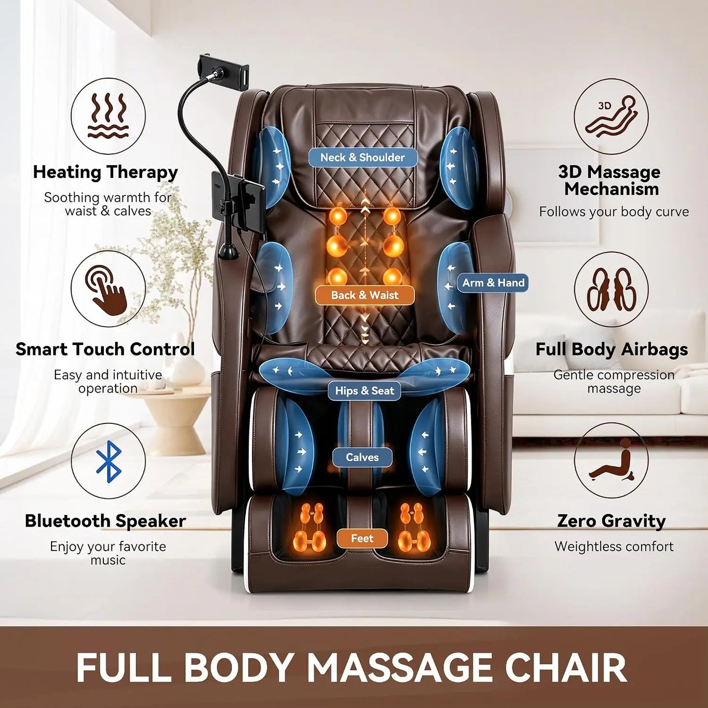 2026 Zero Gravity Full Body Massage Chair Recliner with 10 Rollers Airbags Heating Foot Massage Bluetooth Speaker, Custom