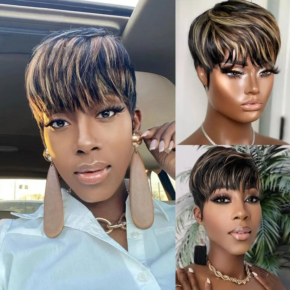 WIGERA Pelucas sintéticas destacadas Corto Liso Pixie Cut Peluca Bob Pelo Dorado Miel Mezcla Negro Cabello para Mujer