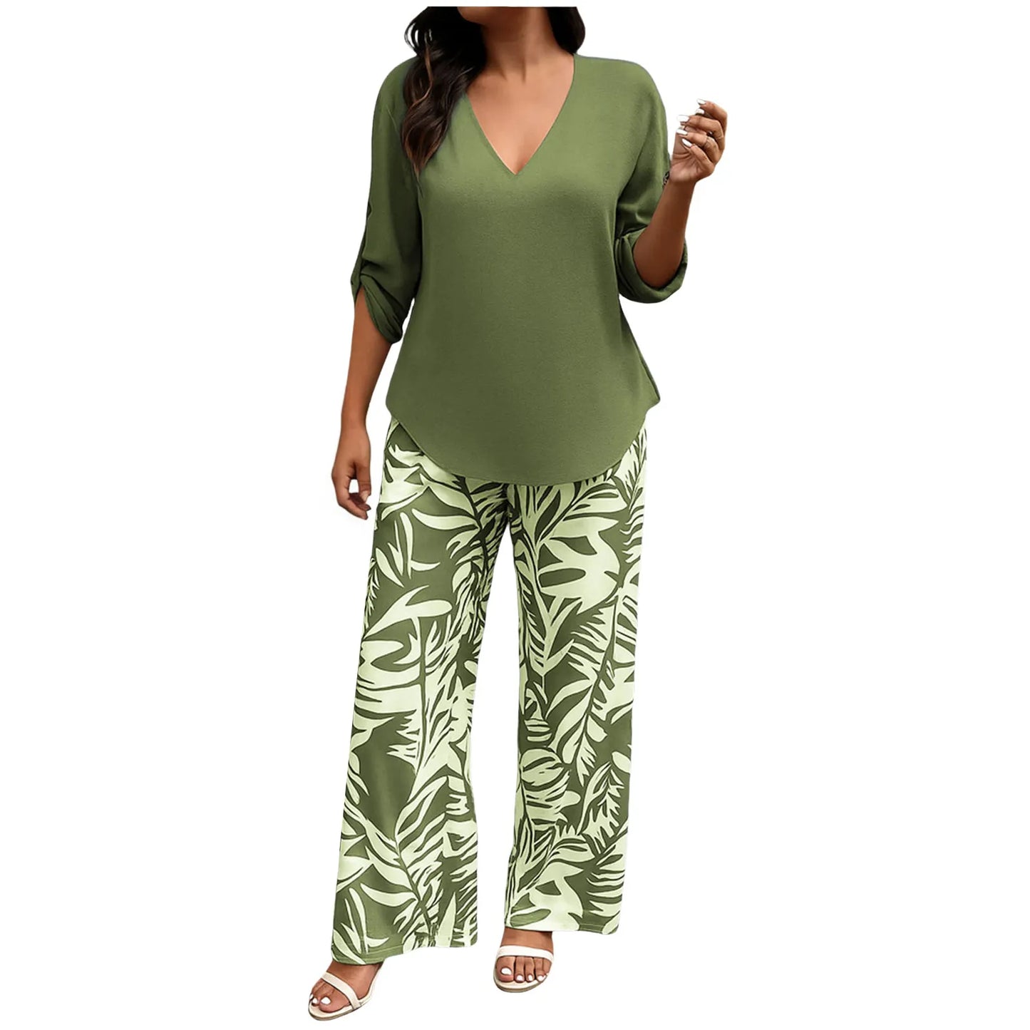 Women Solid V Neck Long Sleeve Digital Print Pants Two Piece Set Casual Stylish Matching Outfit for Daily Outdoor Lounge Wear