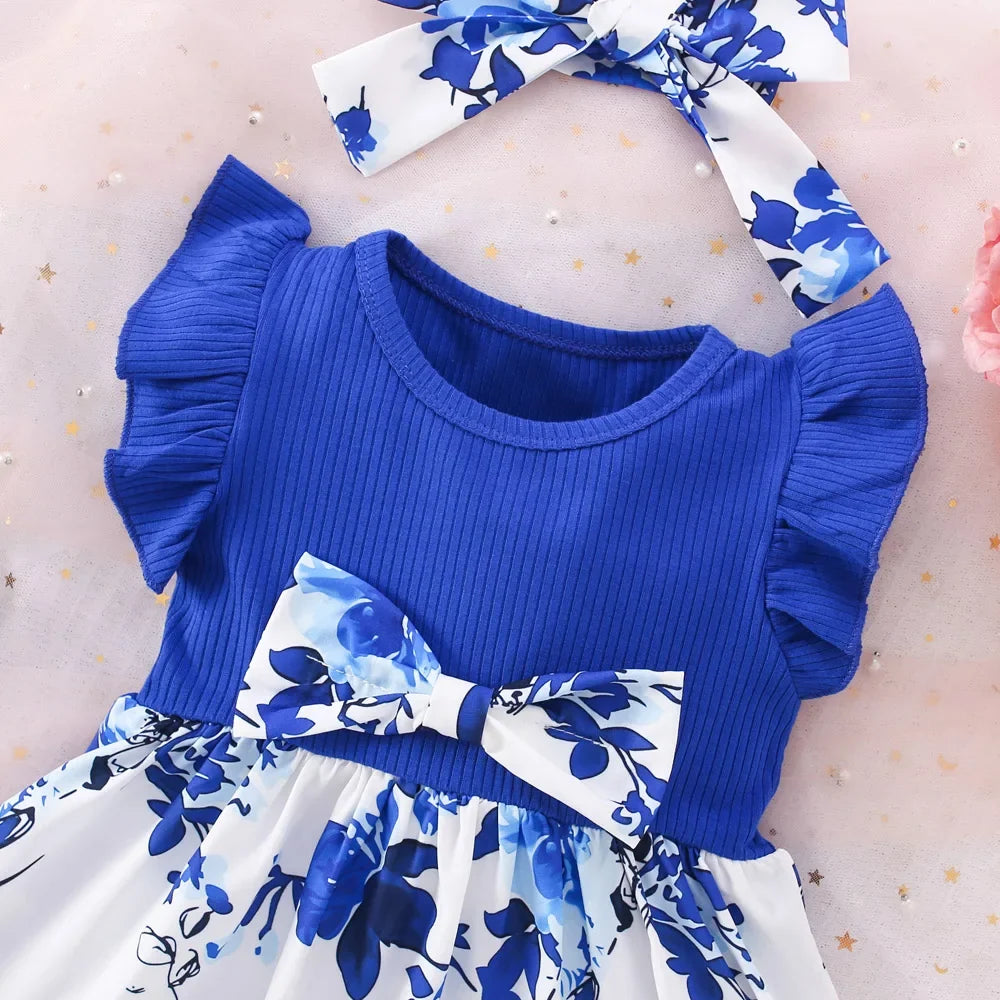 Baby Girl Dress Summer Cotton Bow Print Small Fly Sleeves Girls