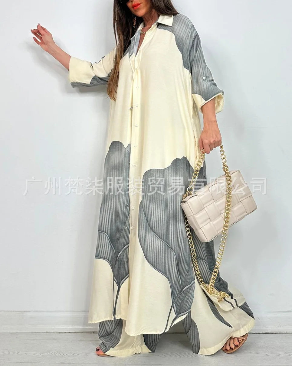 Fashion Loose Printed Long Sleeve 2-piece Set Women's Single-breasted Cardigan Robe Wide-leg Pants Casual Two-piece Outfit Woman