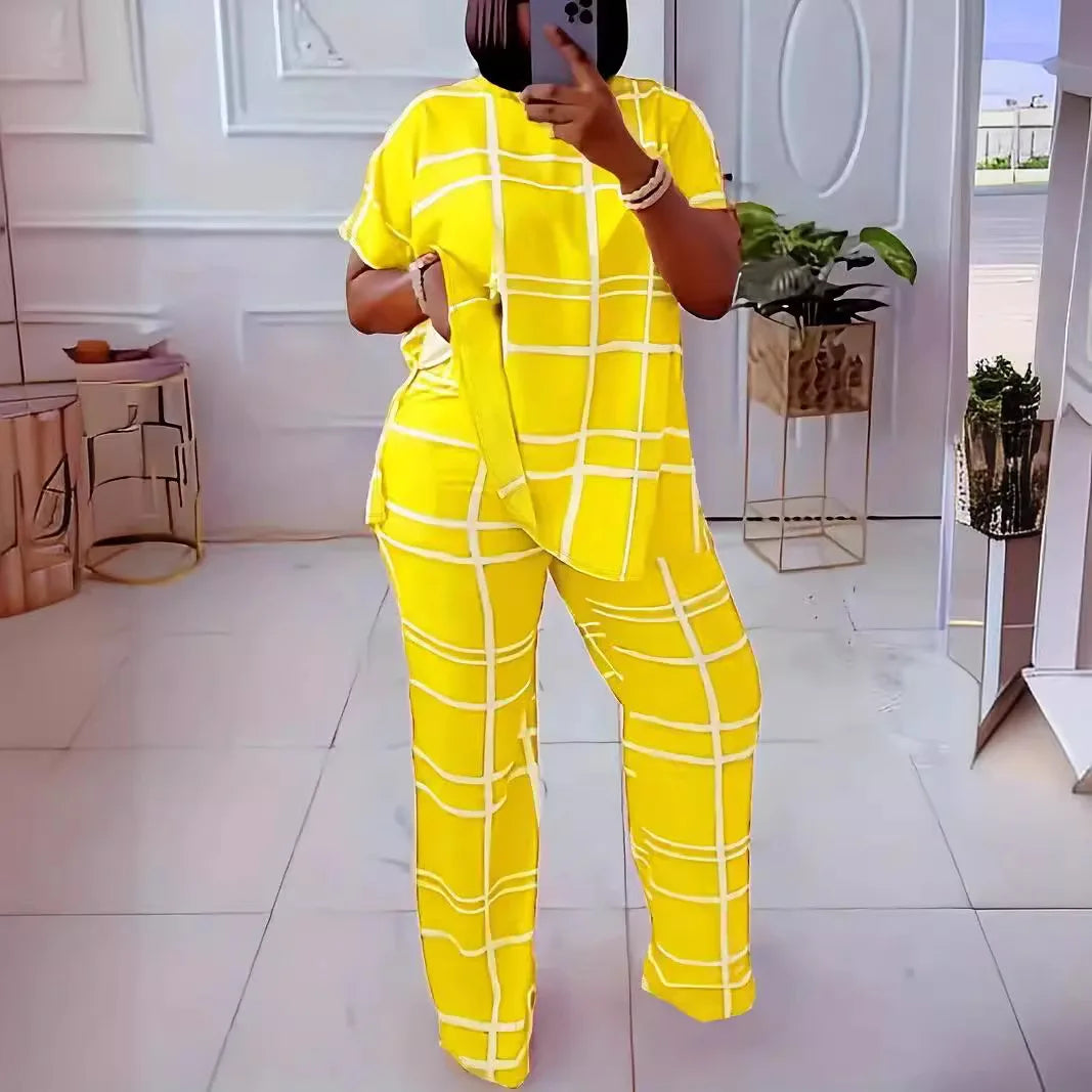 Short Sleeve 2 Piece Women Sets 2025 Spring Summer Matching Sets Stripe Print Two Pieces Sets Top Pants Suits Outfits Clothing